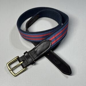 Vineyard Vines Ribbon Canvas Belt 32 Blue Red Striped Brown Leather Brass Buckle